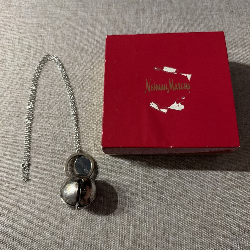 Vintage Neiman Marcus Jingle Bell Keychain Necklace Silver Tone Holiday Bell